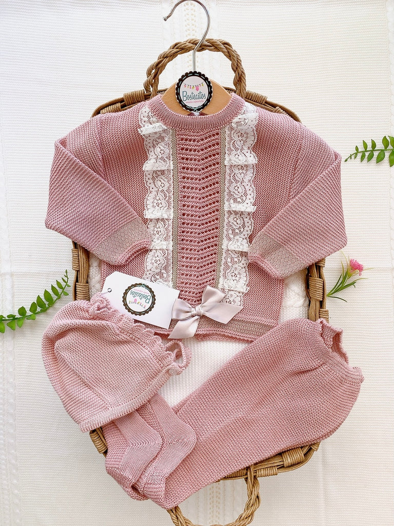 Conjunto tejido 3 piezas rosa maquillaje- 12 Meses