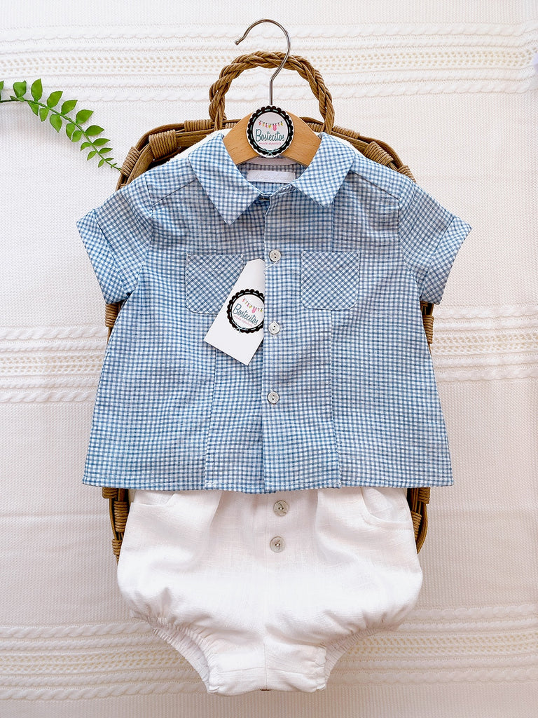 Conjunto camisa cuadros azul con blanco con short blanco