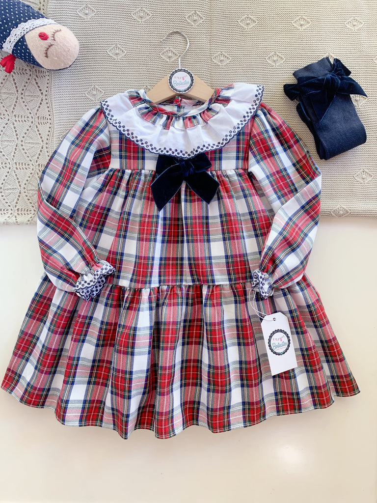 Vestido cuadros rojo con azul y moño terciopelo