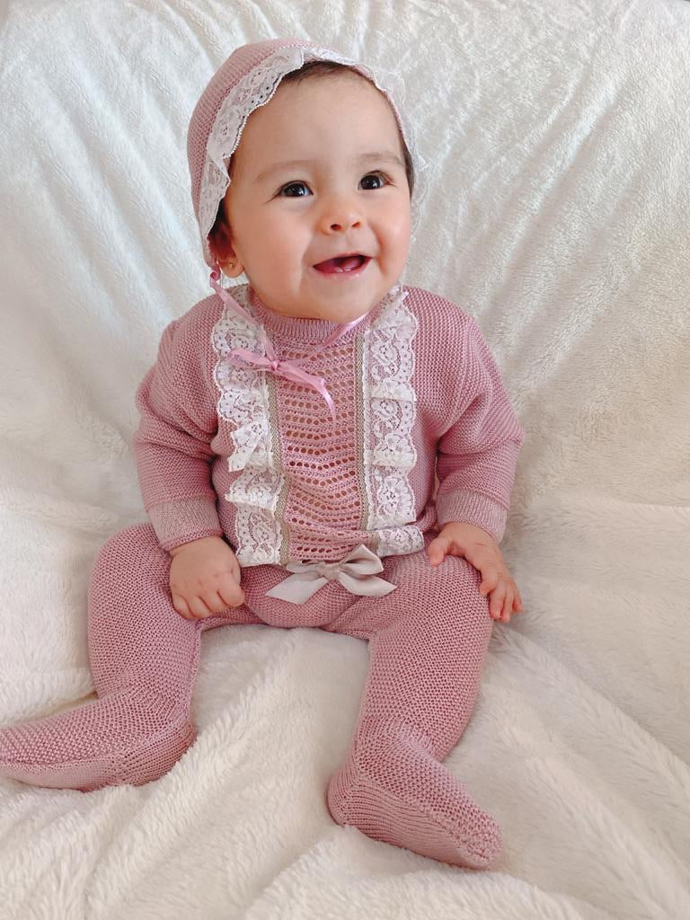 Conjunto tejido 3 piezas rosa maquillaje- 12 Meses