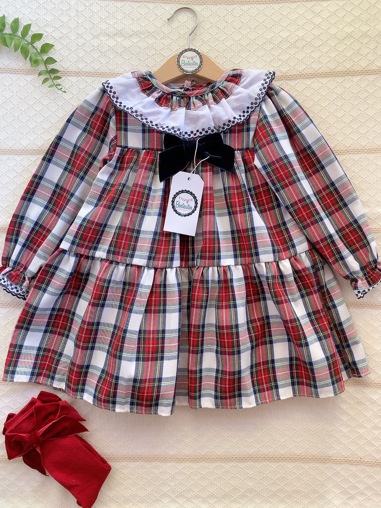 Vestido cuadros rojo con azul y moño terciopelo
