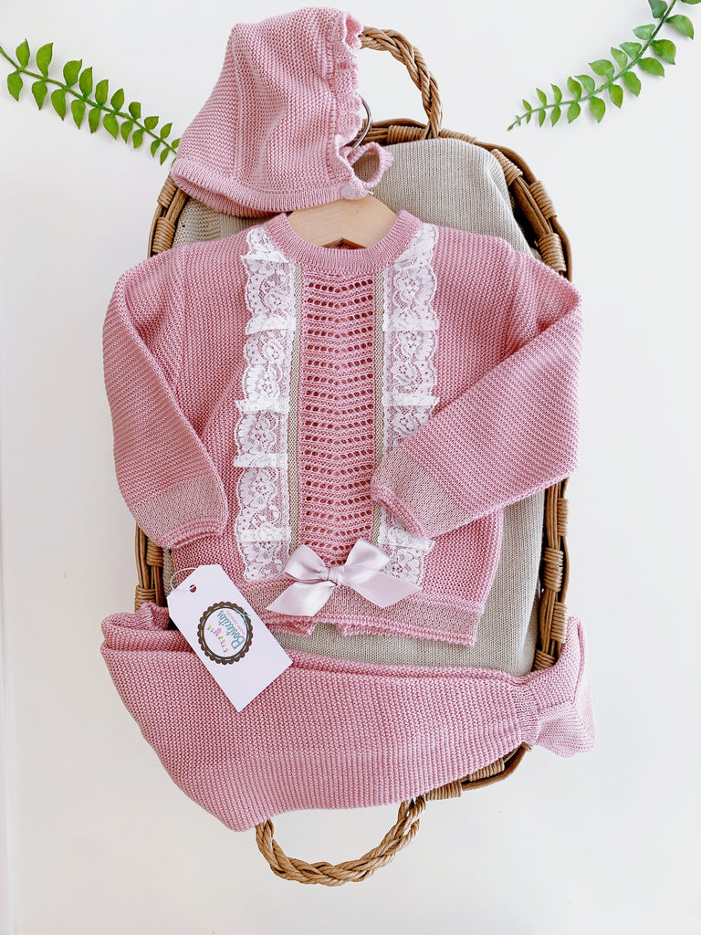 Conjunto tejido 3 piezas rosa maquillaje- 12 Meses