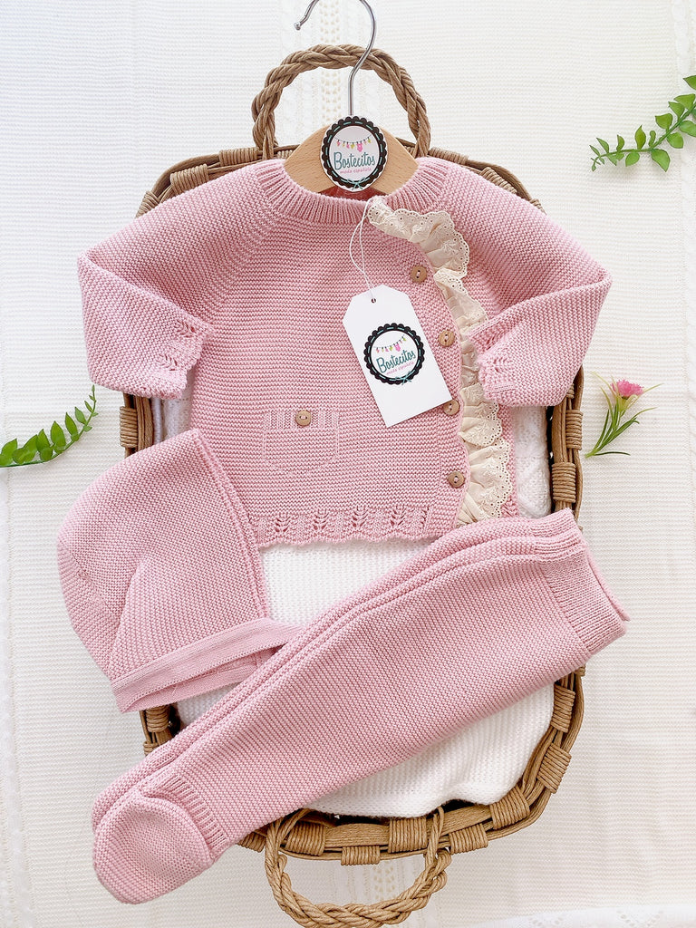 Tejido rosa palo con Olán beige por un lado (0-3 meses)