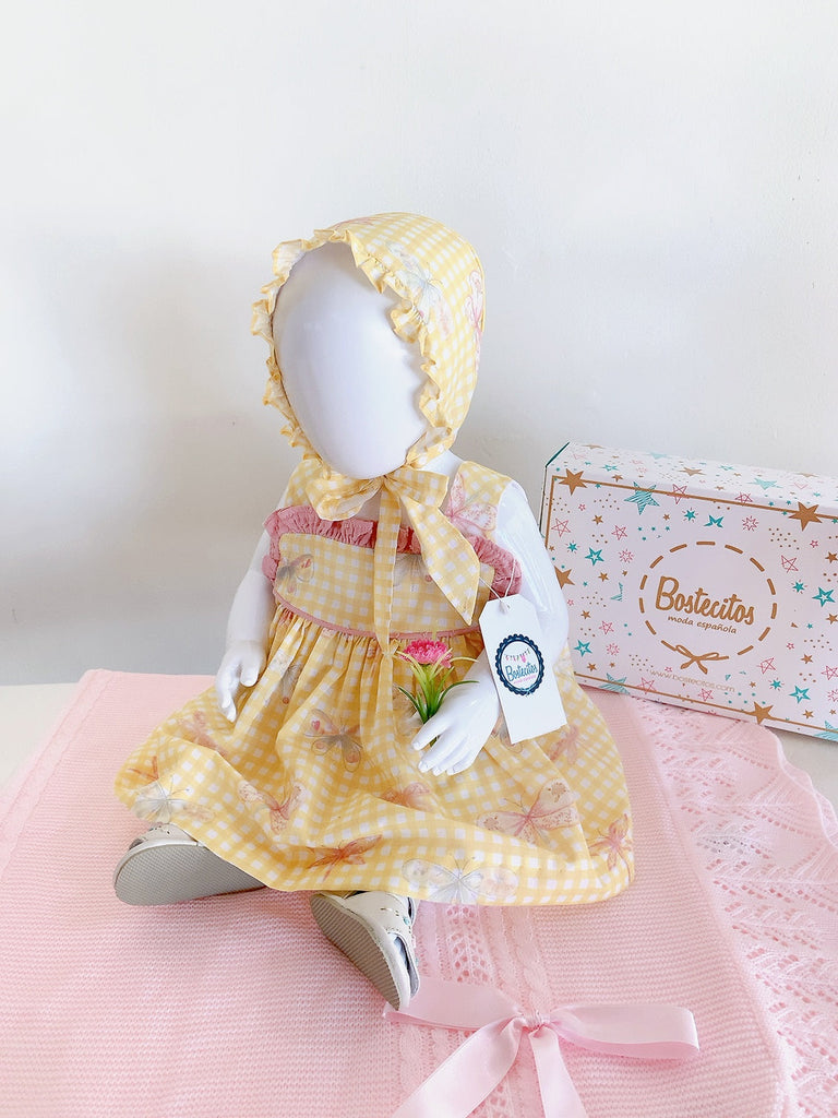 Conjunto amarillo libélulas la, gorro calzón y vestido