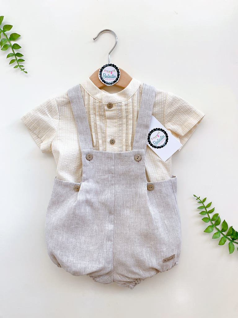 Conjunto español overol lino con camisa cuadros amarilla