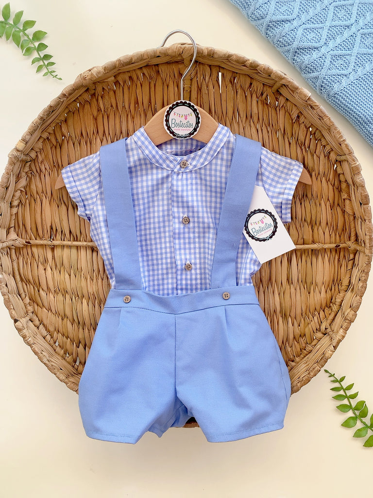 Conjubto short con tirantes azul con camisa cuadros azul
