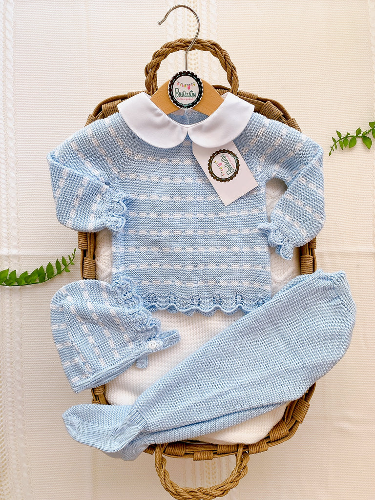 CONJUNTO TEJIDO AZUL CELESTE LINEAS BLANCAS 3P (6 meses)