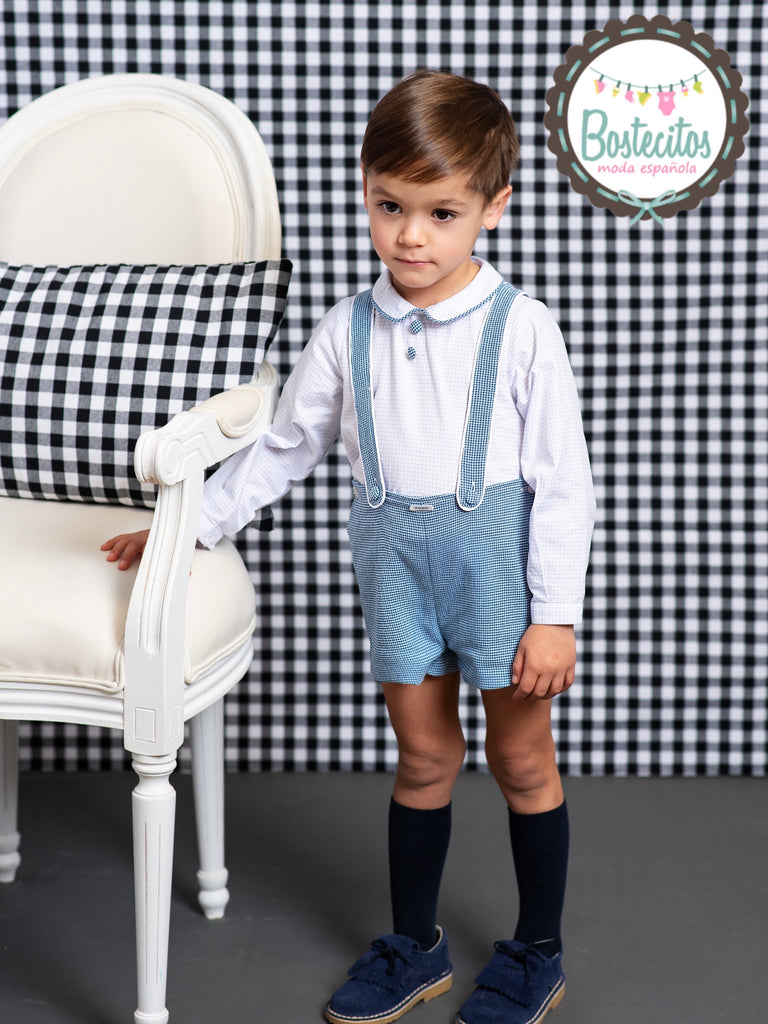 Conjunto short con tirantes cuadros azul claro con camisa dos botones