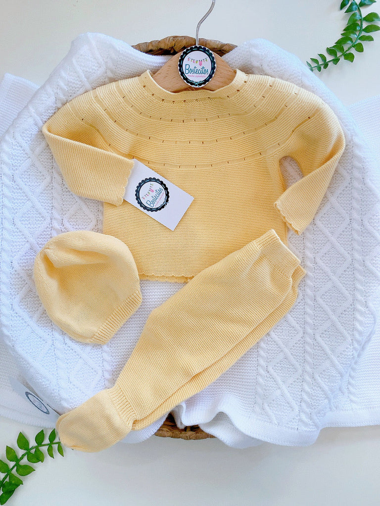 Conjunto español tejido 3 piezas unisex amarillo (1 mes)