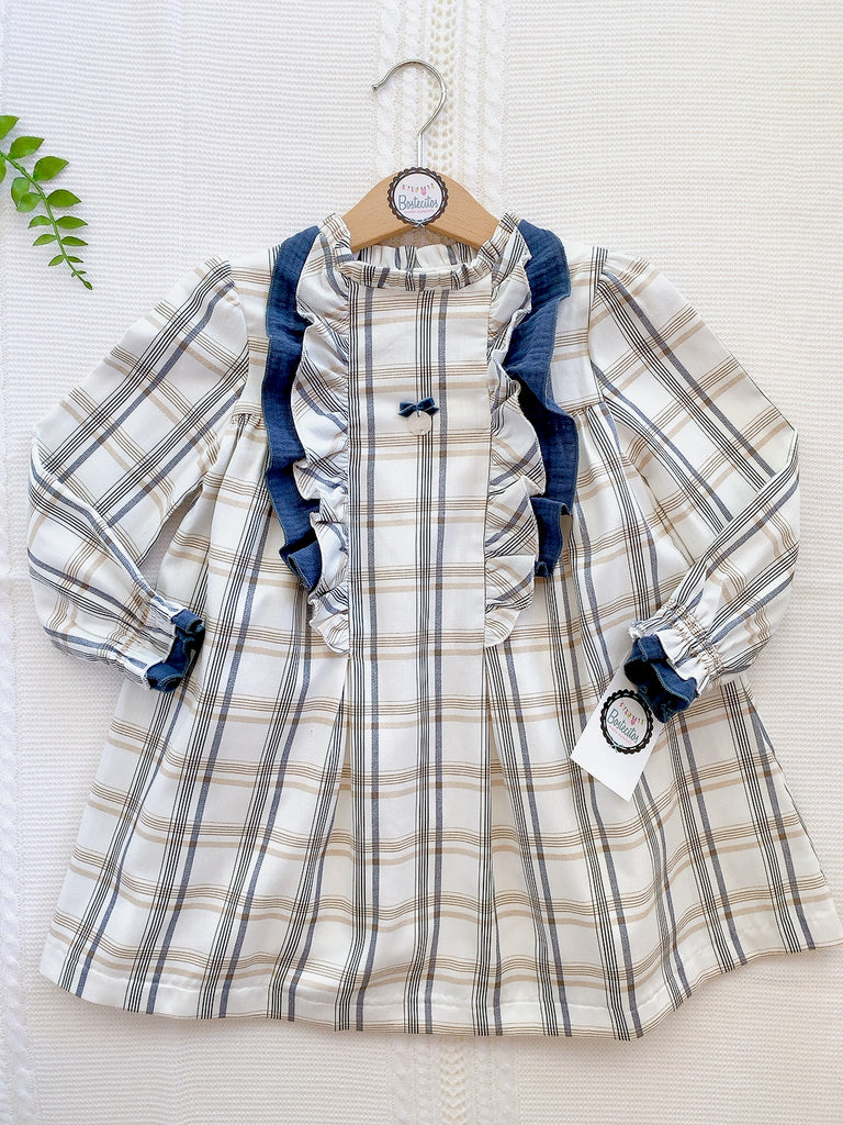 Vestido beige cuadros azules manga larga