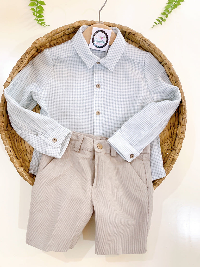 Camisa cuadros verdes con short de pana