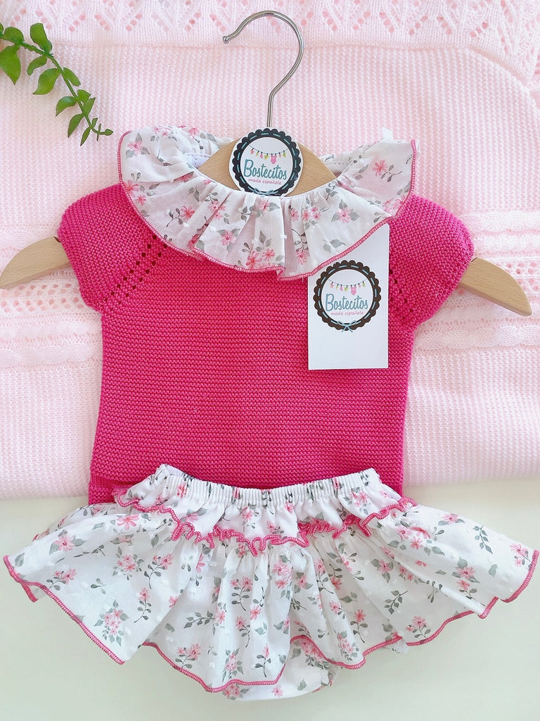 Blusa tejidita rosa fuscia con short falda talla (3 meses)