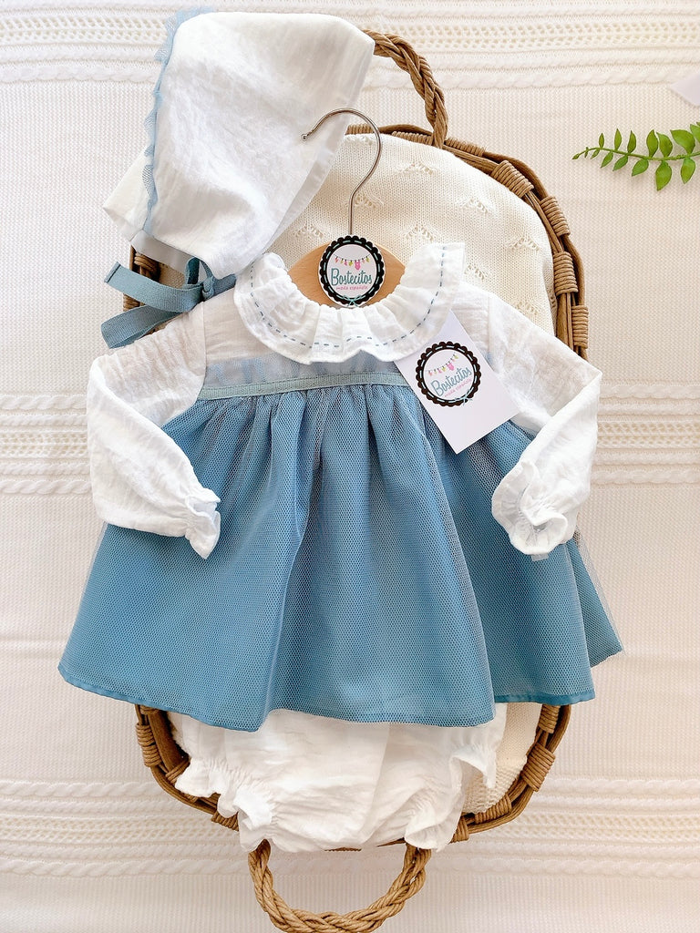 Conjunto 3 piezas vestido con tul azul con gorrito y calzón