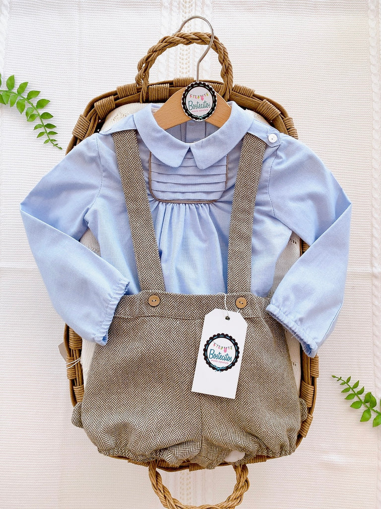 Conjunto short con tirante café con camisa azul
