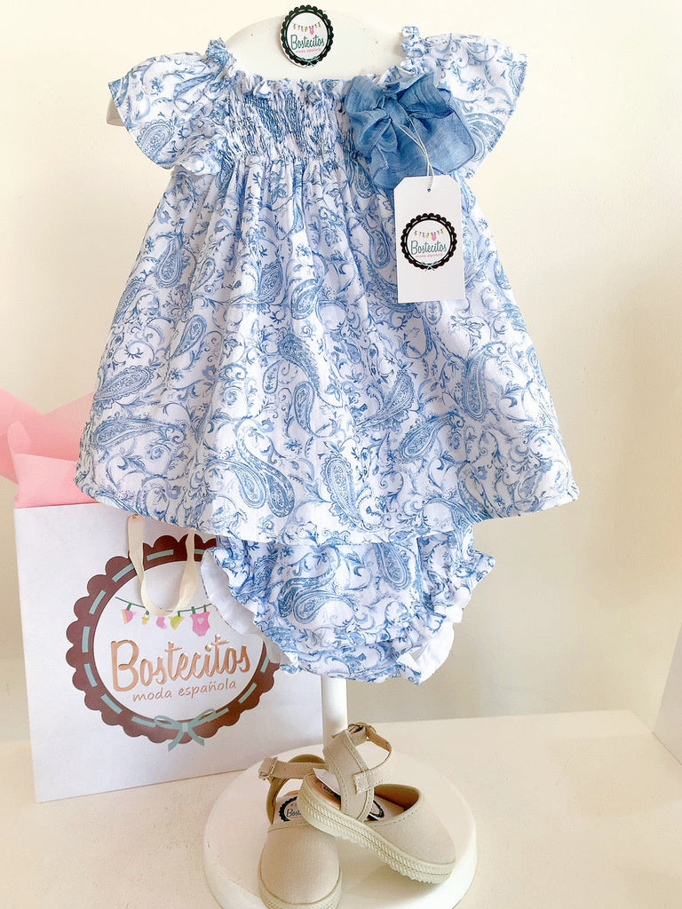 Conjunto español vestido corto con calzón estampado azulejo con moño azul