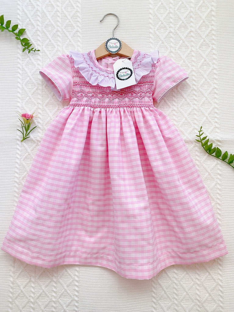 Vestido punto smock rosa cuadros blancos cuello bordado