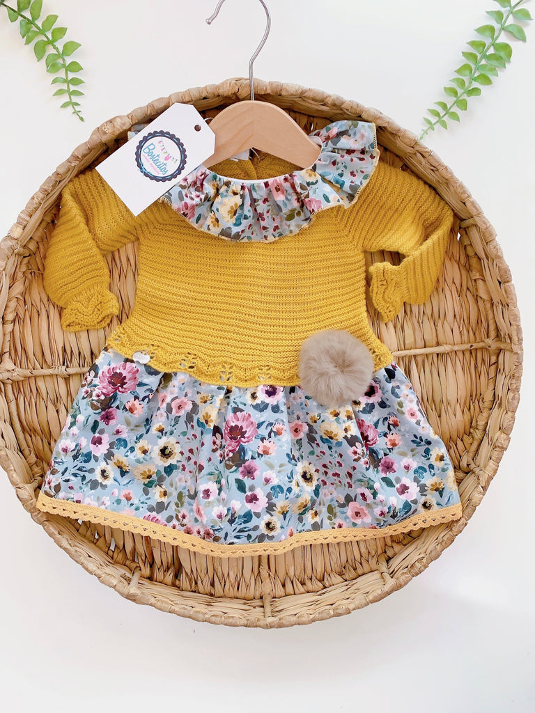VESTIDO MOSTAZA FLORES POMPÓN
