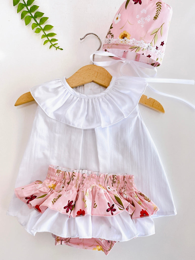 Conjunto 3 piezas gorro y calzón rosa con flores (6 y 24 meses)