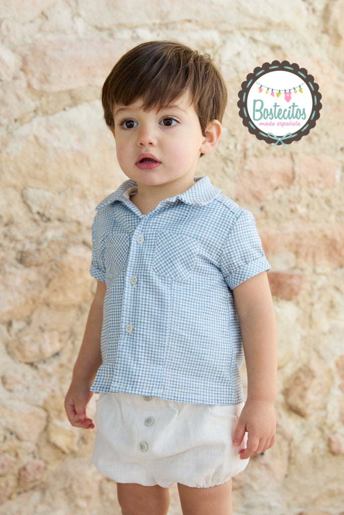 Conjunto camisa cuadros azul con blanco con short blanco