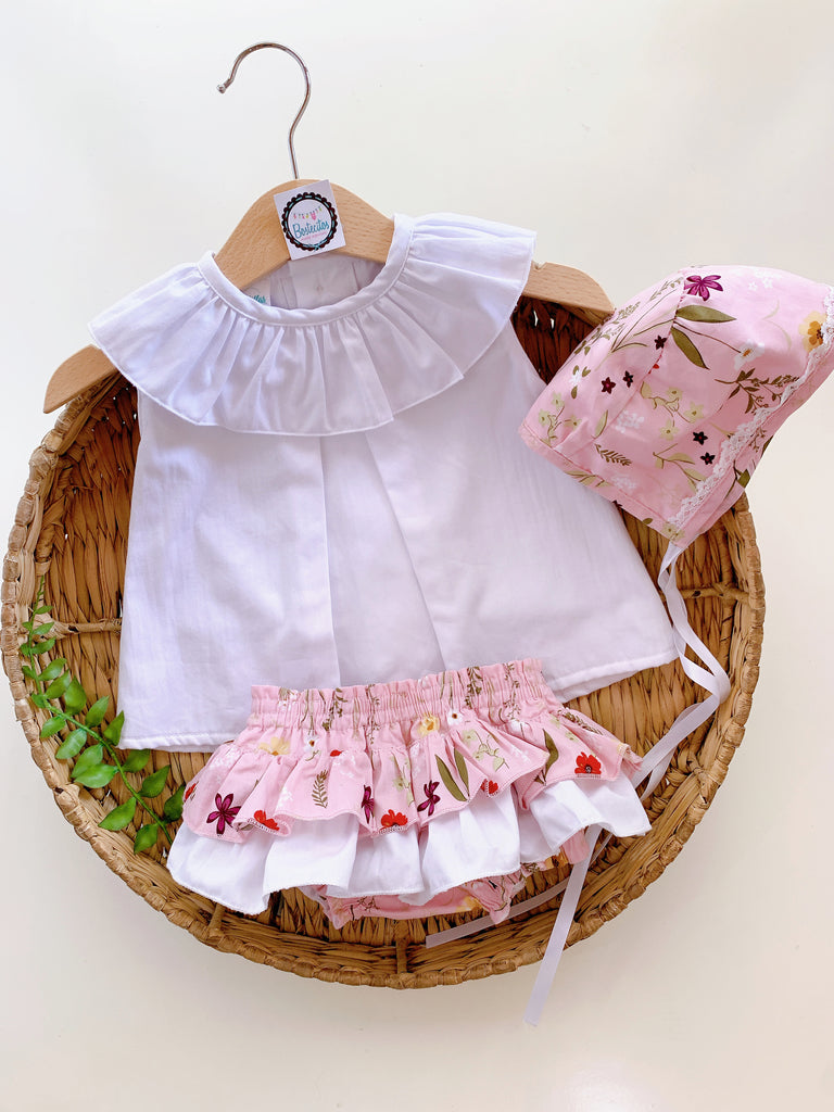 Conjunto 3 piezas gorro y calzón rosa con flores (6 y 24 meses)