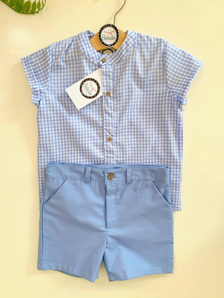 Conjunto short azul con camisa manga corta cuadros azul con blanco