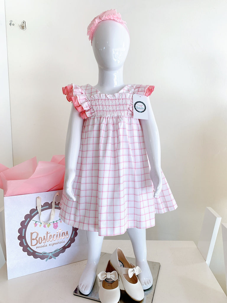 Vestido español cuadros rosa con blanco detalles Plumeti