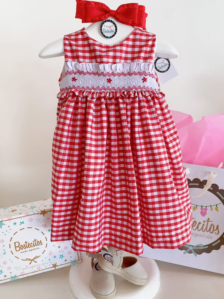 Vestido bordado cuadrados rojo con blanco