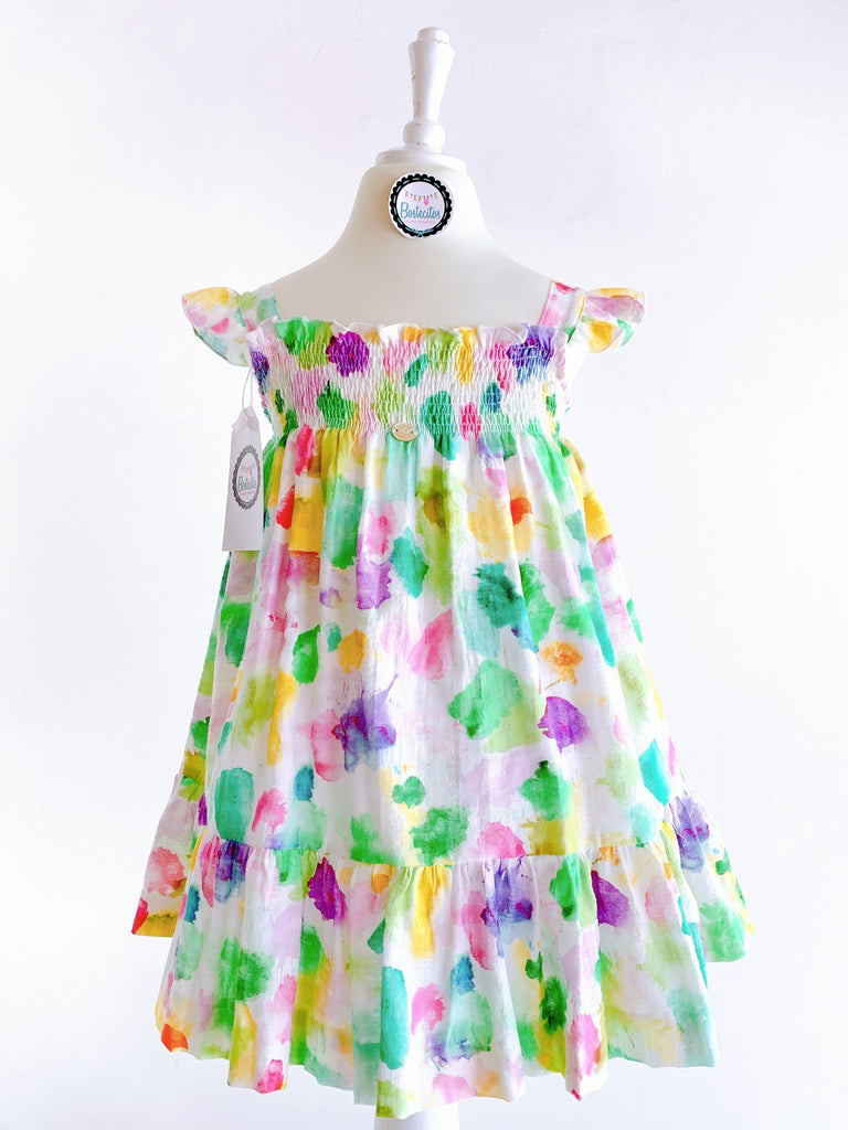 Vestido pintura de colores verde, lila, rosa