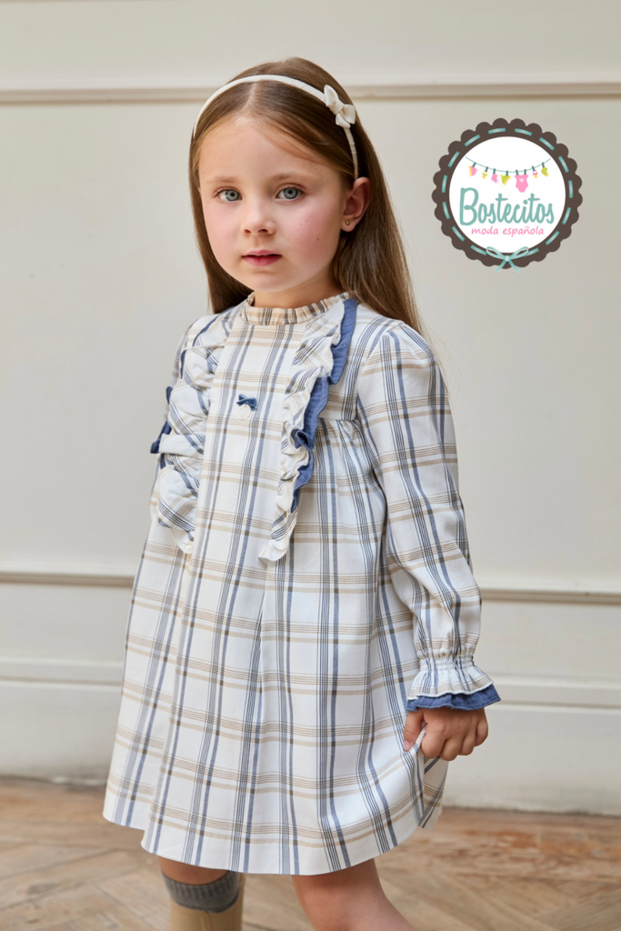 Vestido beige cuadros azules manga larga