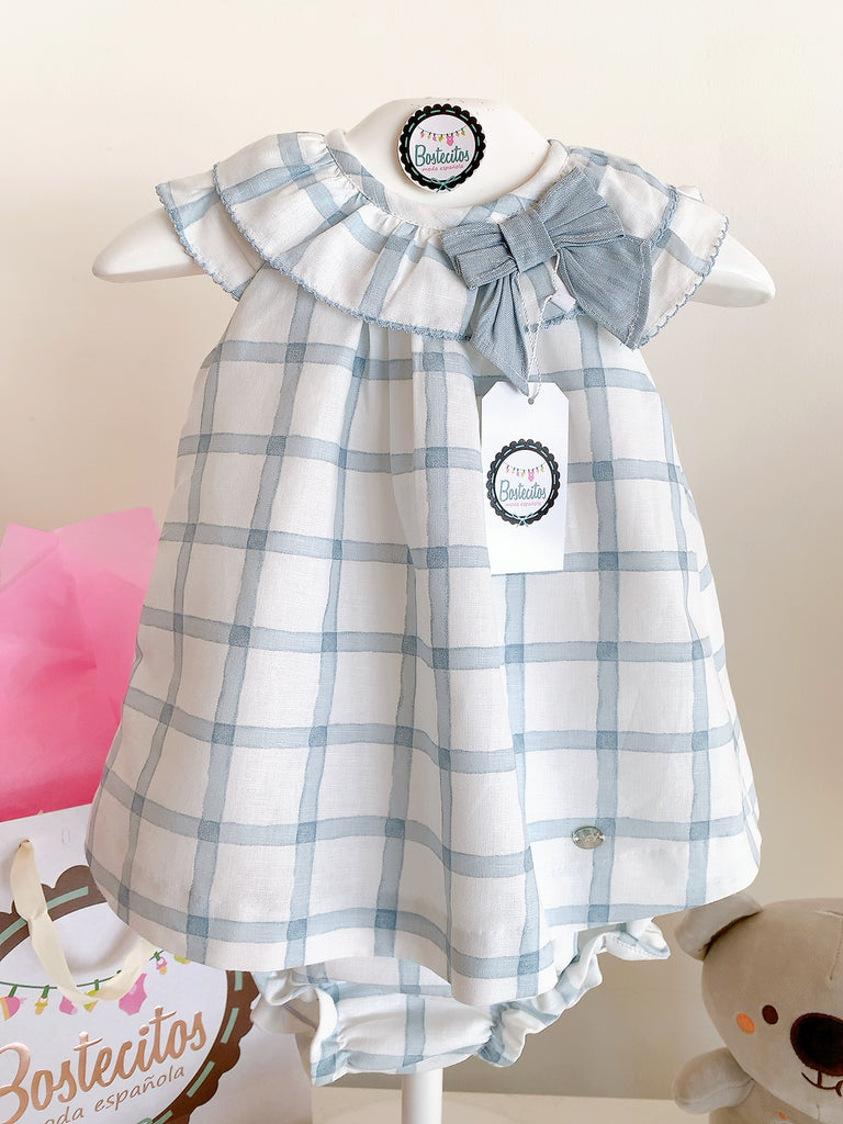 Conjunto vestido con calzon cuadros grandes azul con blanco moño en cuello (24 meses)