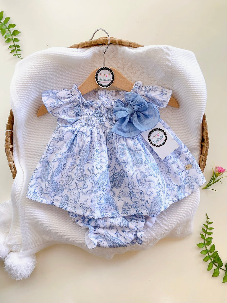 Conjunto español vestido corto con calzón estampado azulejo con moño azul