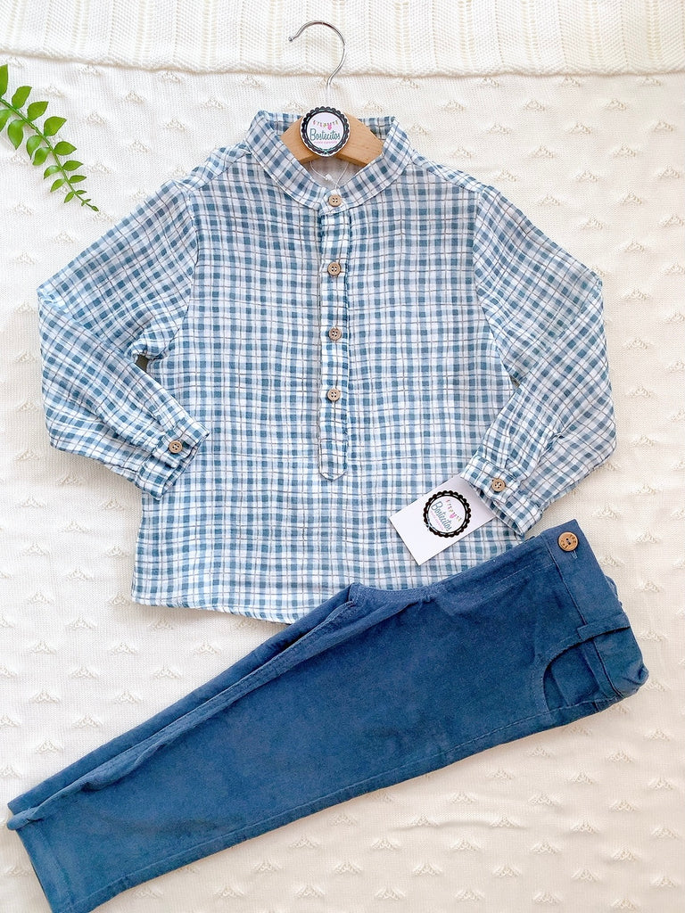 Conjunto camisa cuadros con pantalón azul verde