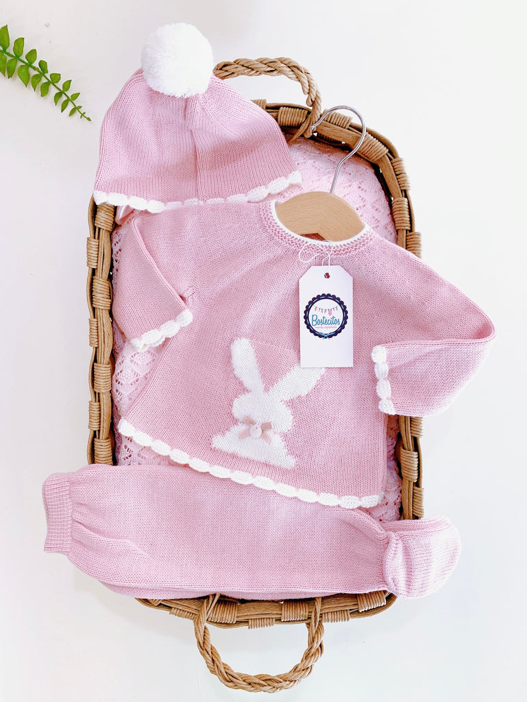 Conjunto tejido conejo con gorro pompón blanco (9 meses)