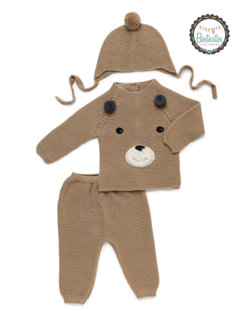 Conjunto tejido español 3 piezas color café osito