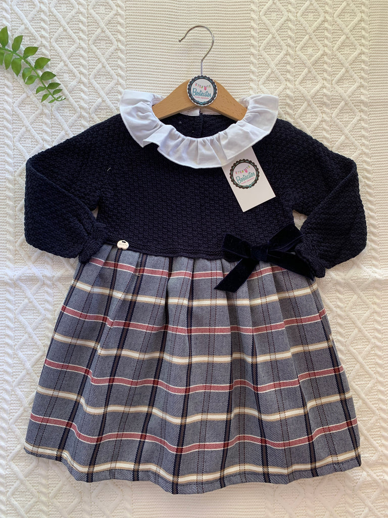 Vestido tejido azul marino con estampado cuadros azul marino con gris y moño terciopelo azul marino (48 meses)