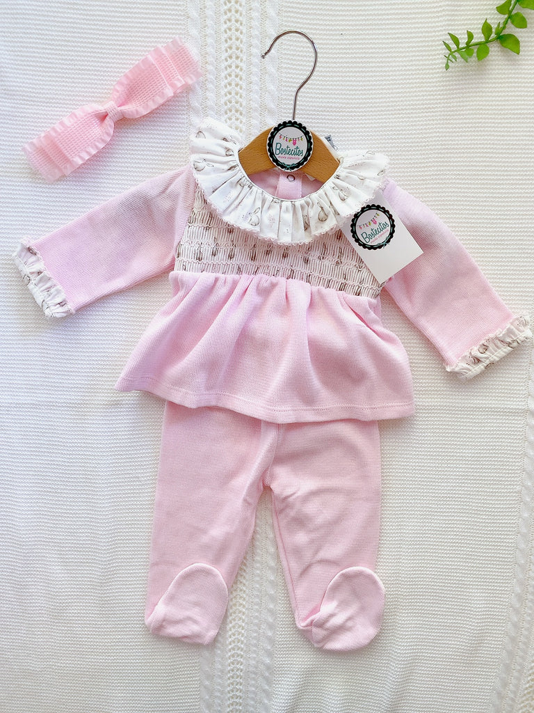 Pans rosa bebé de bebé blusa manga larga bordado estampado conejos con su pantalón