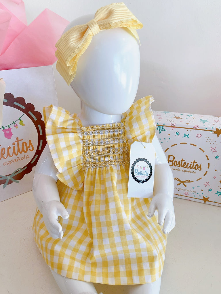 Conjubto vestido corto con calzón amarillo cuadros blancos bordado