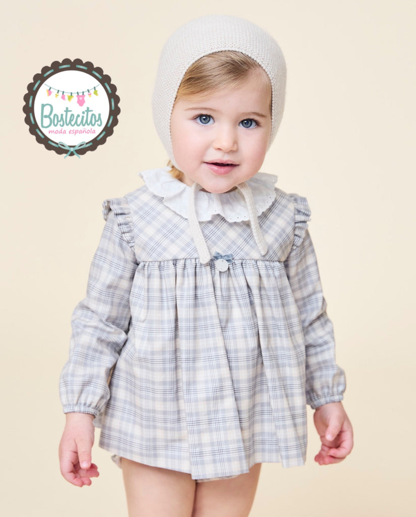 Conjunto vestido corto con calzón cuadros beige con gris cuello blanco (6 meses)