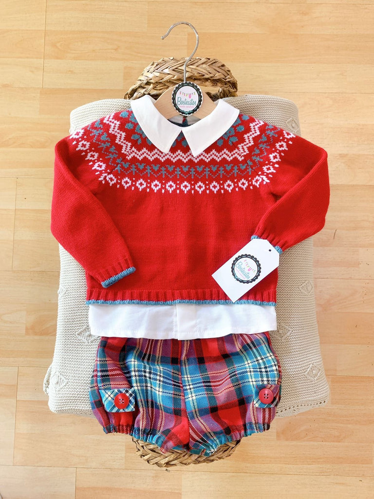 Conjunto navideño cuello blanco short y suerter rojo