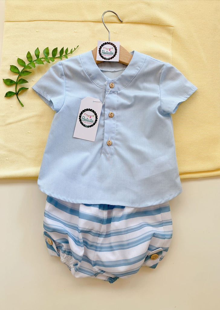 Conjunto Niño camisa cuadros azul short rayas blanco con azul (18 meses)