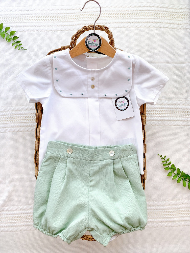 CONJUNTO CAMISA BLANCA SHORT VERDE PUNTOS (18 meses)