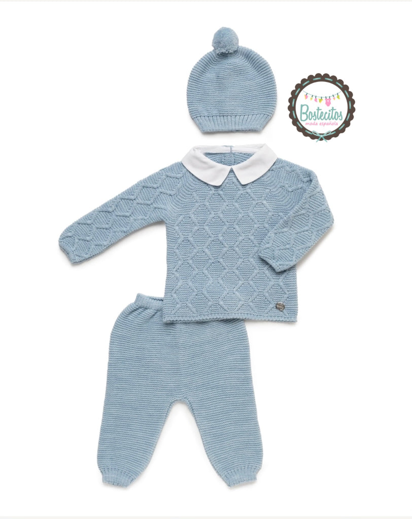 Tejido español 3 piezas azul cuello blanco pantalón suéter y gorro