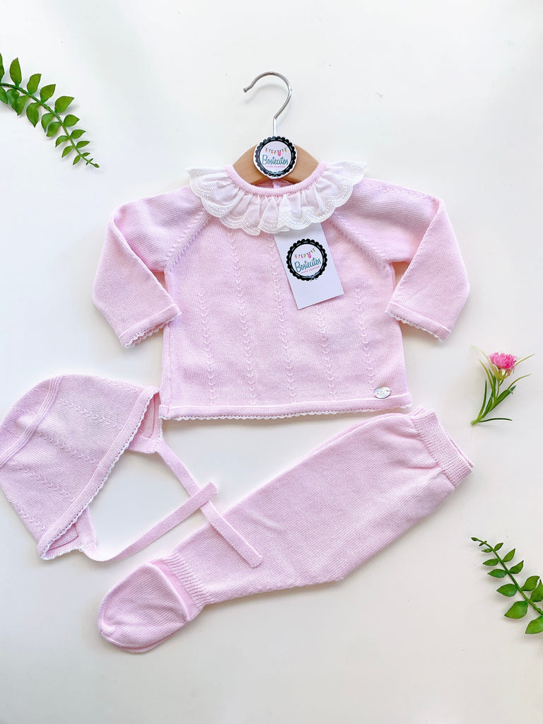 Conjunto tejido rosita 3 piezas con cuello Olán beige (0-3 meses)
