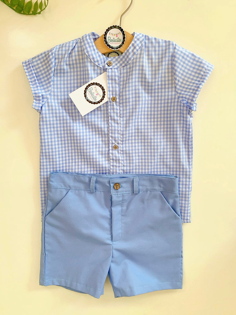 Conjunto short azul con camisa manga corta cuadros azul con blanco