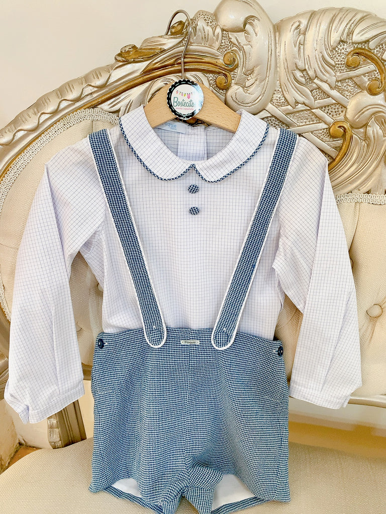 Conjunto short con tirantes cuadros azul claro con camisa dos botones