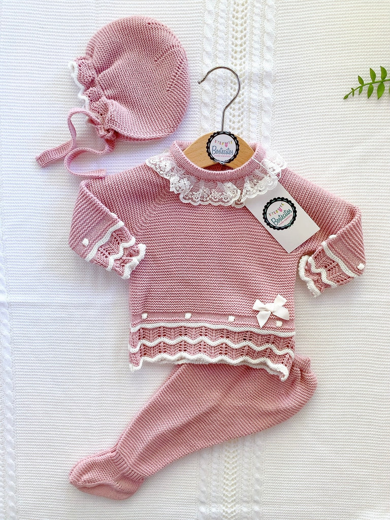 Tejido rosa palo cuello Olán encaje beige (1 mes)