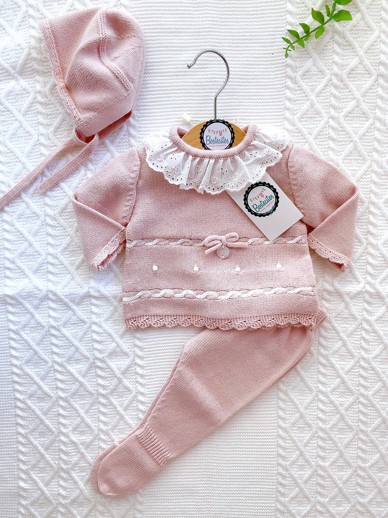 Tejido español rosa palo cuello Olán beige dos líneas horizontales rosa con blanco (1 mes)