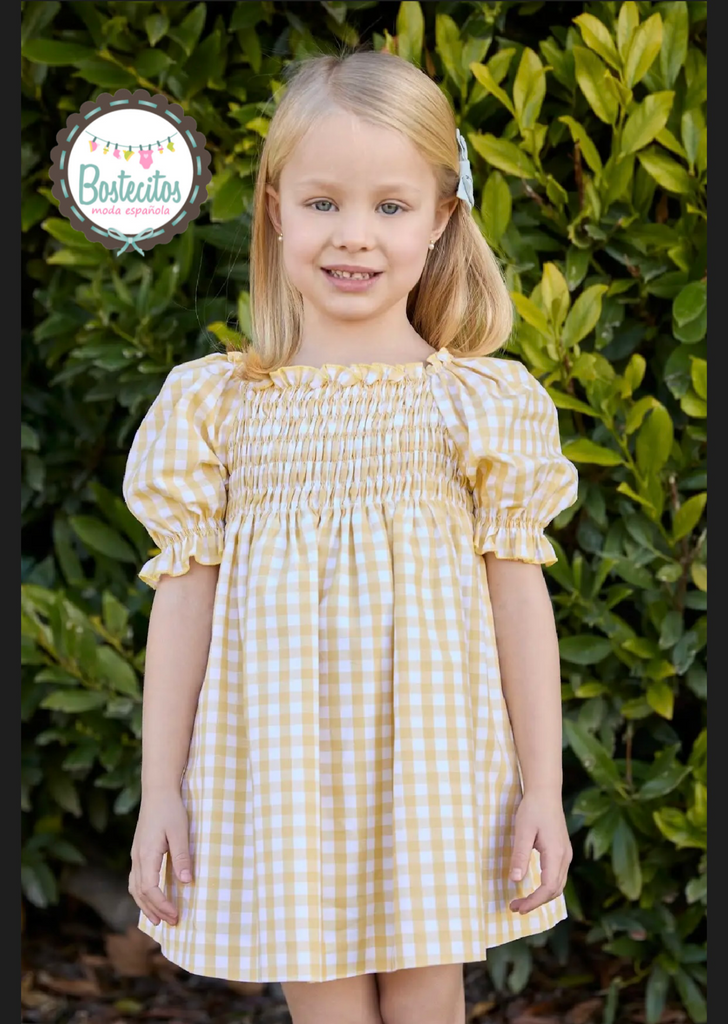 Vestido amarillo cuadros con manga bombacha