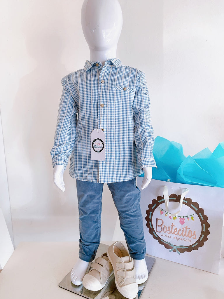 Conjunto camisa cuadros con pantalón azul verde