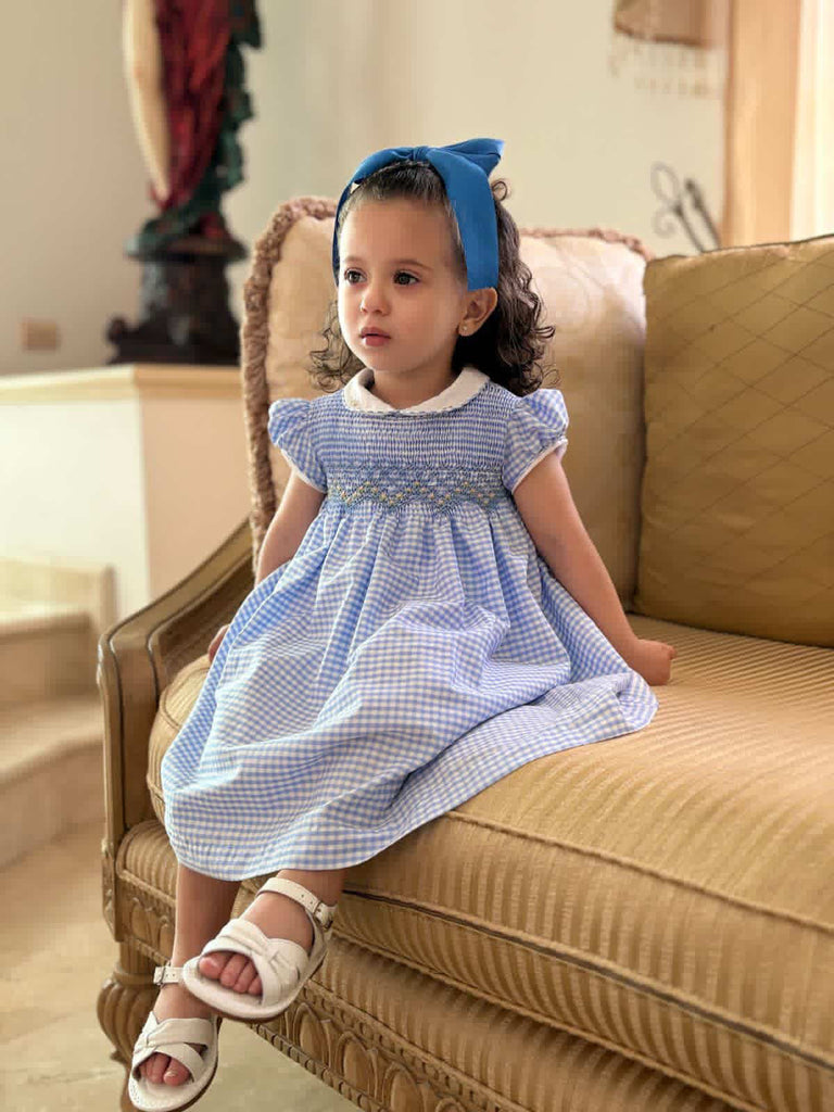 Vestido cuadros azules con blanco bordado a mano con flores bordadas en cuello blanco